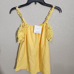 Dragonfly Top Yellow Sleeveless Tunic Crochet Lace Straps Off-Shoulder Size M